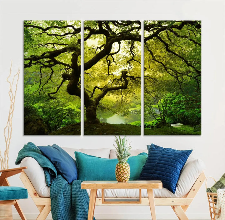 The triptych artwork titled "Japanese Maple in Japanese Garden, Portland Oregon" features lush green foliage and is crafted on museum-quality canvas, ready to hang in a well-lit room.