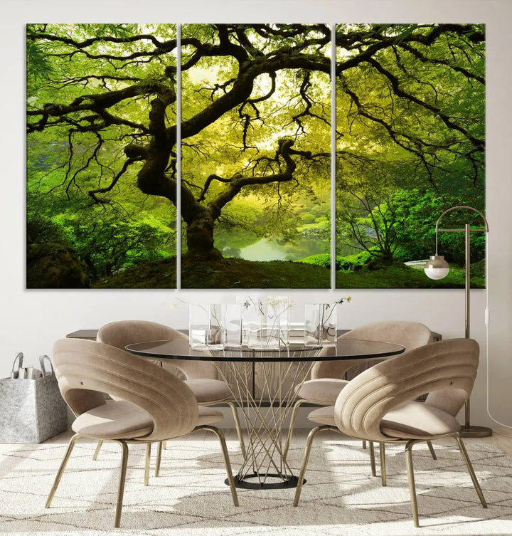 The triptych artwork titled "Japanese Maple in Japanese Garden, Portland Oregon" features lush green foliage and is crafted on museum-quality canvas, ready to hang in a well-lit room.