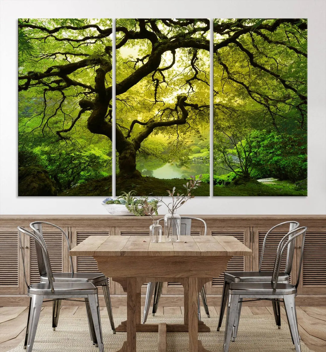 The triptych artwork titled "Japanese Maple in Japanese Garden, Portland Oregon" features lush green foliage and is crafted on museum-quality canvas, ready to hang in a well-lit room.