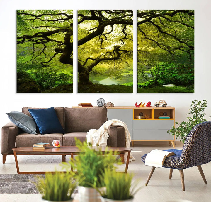 The triptych artwork titled "Japanese Maple in Japanese Garden, Portland Oregon" features lush green foliage and is crafted on museum-quality canvas, ready to hang in a well-lit room.