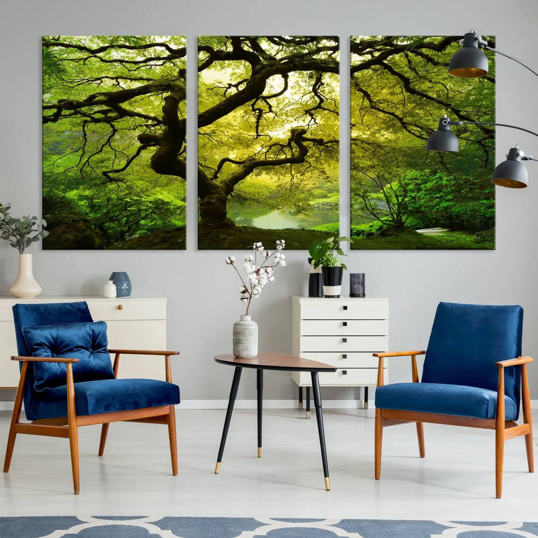 The triptych artwork titled "Japanese Maple in Japanese Garden, Portland Oregon" features lush green foliage and is crafted on museum-quality canvas, ready to hang in a well-lit room.