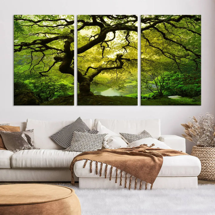 The triptych artwork titled "Japanese Maple in Japanese Garden, Portland Oregon" features lush green foliage and is crafted on museum-quality canvas, ready to hang in a well-lit room.