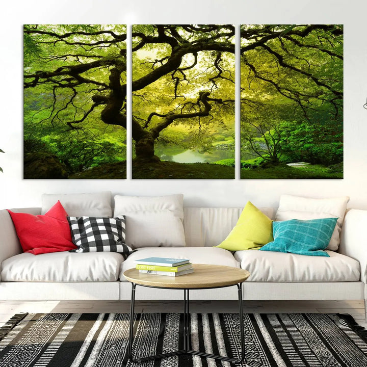 The triptych artwork titled "Japanese Maple in Japanese Garden, Portland Oregon" features lush green foliage and is crafted on museum-quality canvas, ready to hang in a well-lit room.