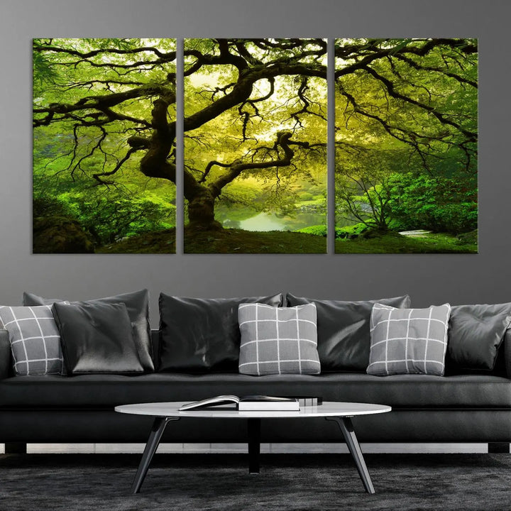 The triptych artwork titled "Japanese Maple in Japanese Garden, Portland Oregon" features lush green foliage and is crafted on museum-quality canvas, ready to hang in a well-lit room.