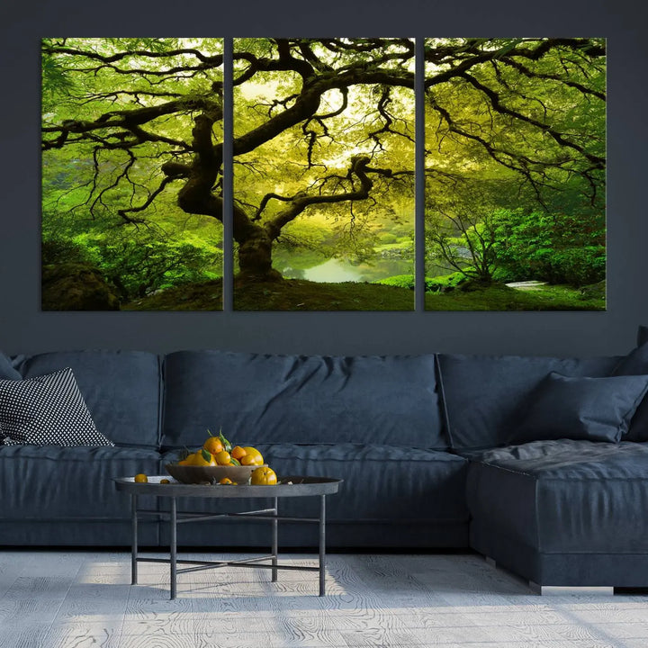 The triptych artwork titled "Japanese Maple in Japanese Garden, Portland Oregon" features lush green foliage and is crafted on museum-quality canvas, ready to hang in a well-lit room.