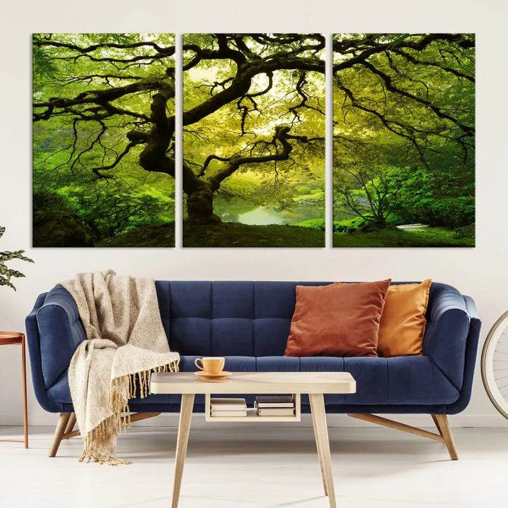 The triptych artwork titled "Japanese Maple in Japanese Garden, Portland Oregon" features lush green foliage and is crafted on museum-quality canvas, ready to hang in a well-lit room.