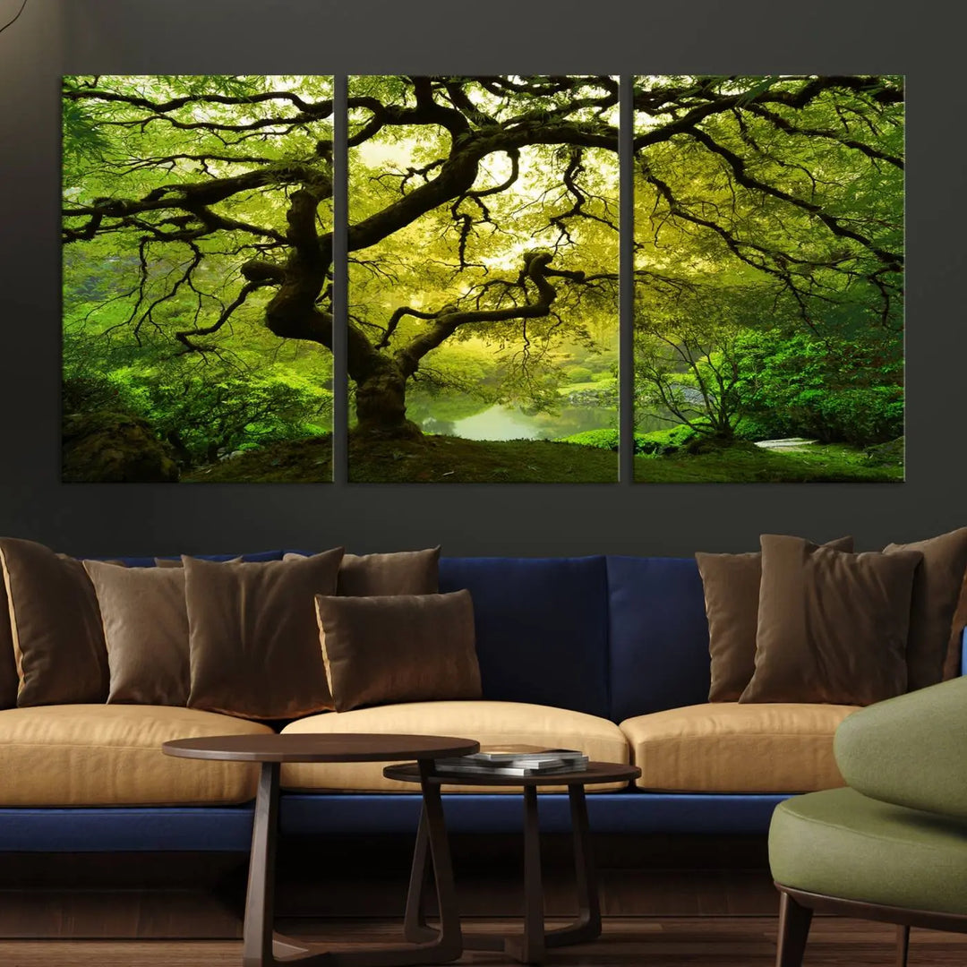 The triptych artwork titled "Japanese Maple in Japanese Garden, Portland Oregon" features lush green foliage and is crafted on museum-quality canvas, ready to hang in a well-lit room.