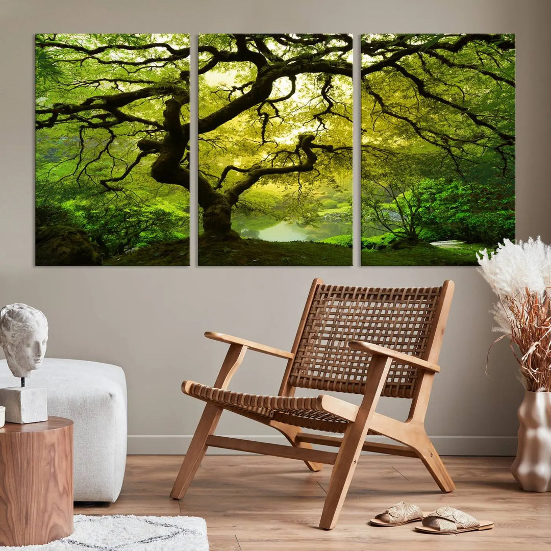 The triptych artwork titled "Japanese Maple in Japanese Garden, Portland Oregon" features lush green foliage and is crafted on museum-quality canvas, ready to hang in a well-lit room.