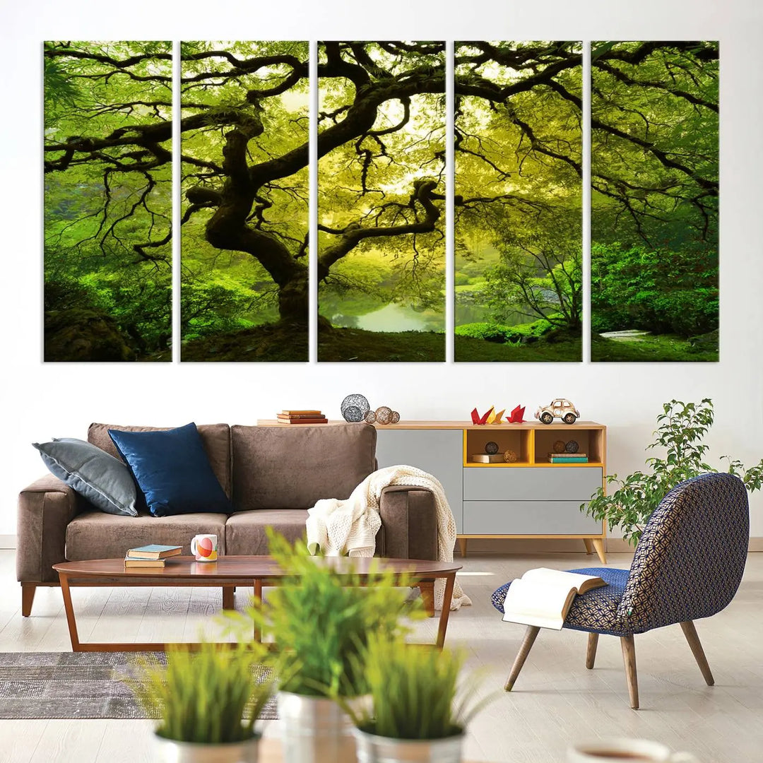 The triptych artwork titled "Japanese Maple in Japanese Garden, Portland Oregon" features lush green foliage and is crafted on museum-quality canvas, ready to hang in a well-lit room.