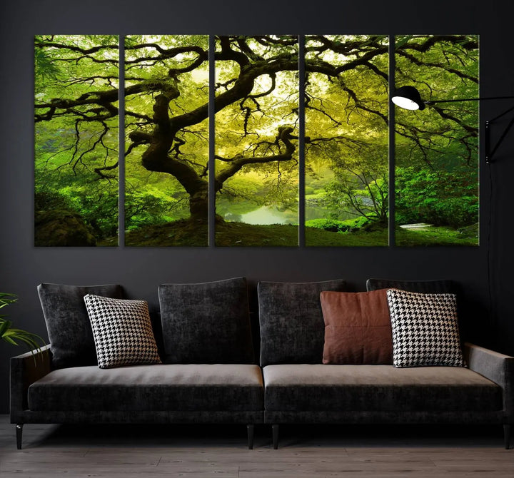 The triptych artwork titled "Japanese Maple in Japanese Garden, Portland Oregon" features lush green foliage and is crafted on museum-quality canvas, ready to hang in a well-lit room.