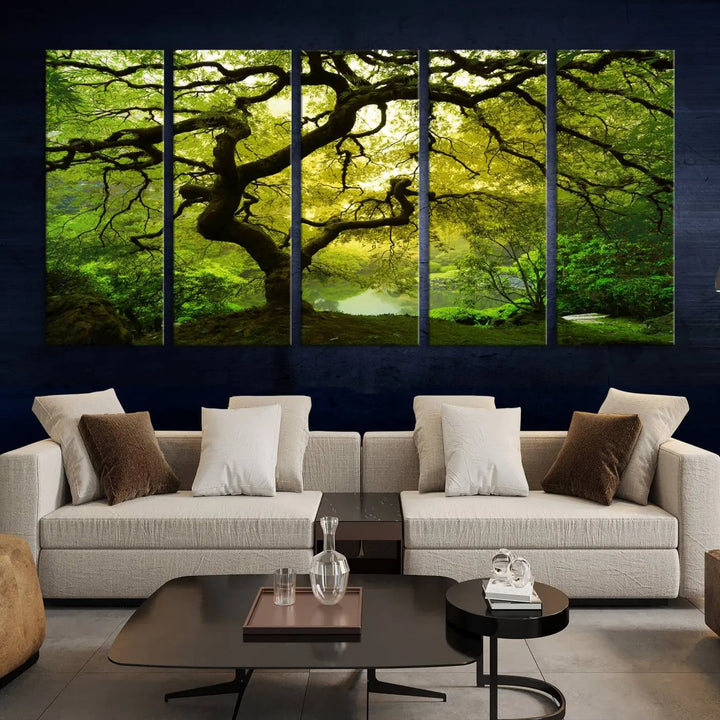 The triptych artwork titled "Japanese Maple in Japanese Garden, Portland Oregon" features lush green foliage and is crafted on museum-quality canvas, ready to hang in a well-lit room.