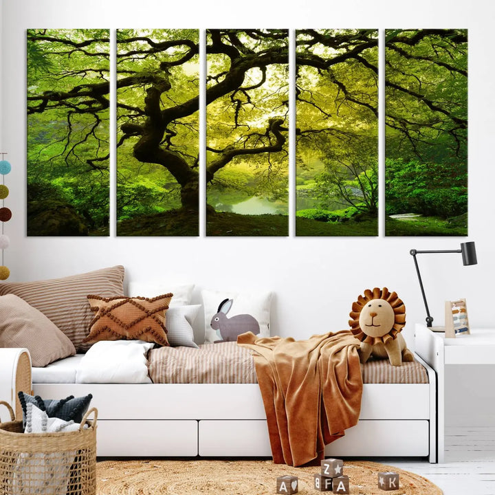 The triptych artwork titled "Japanese Maple in Japanese Garden, Portland Oregon" features lush green foliage and is crafted on museum-quality canvas, ready to hang in a well-lit room.