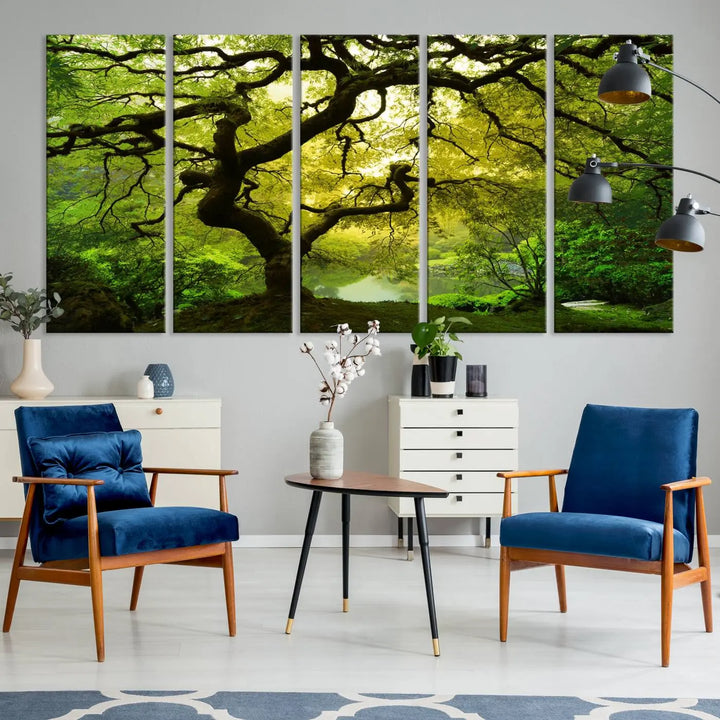 The triptych artwork titled "Japanese Maple in Japanese Garden, Portland Oregon" features lush green foliage and is crafted on museum-quality canvas, ready to hang in a well-lit room.