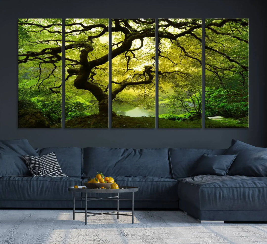 The triptych artwork titled "Japanese Maple in Japanese Garden, Portland Oregon" features lush green foliage and is crafted on museum-quality canvas, ready to hang in a well-lit room.