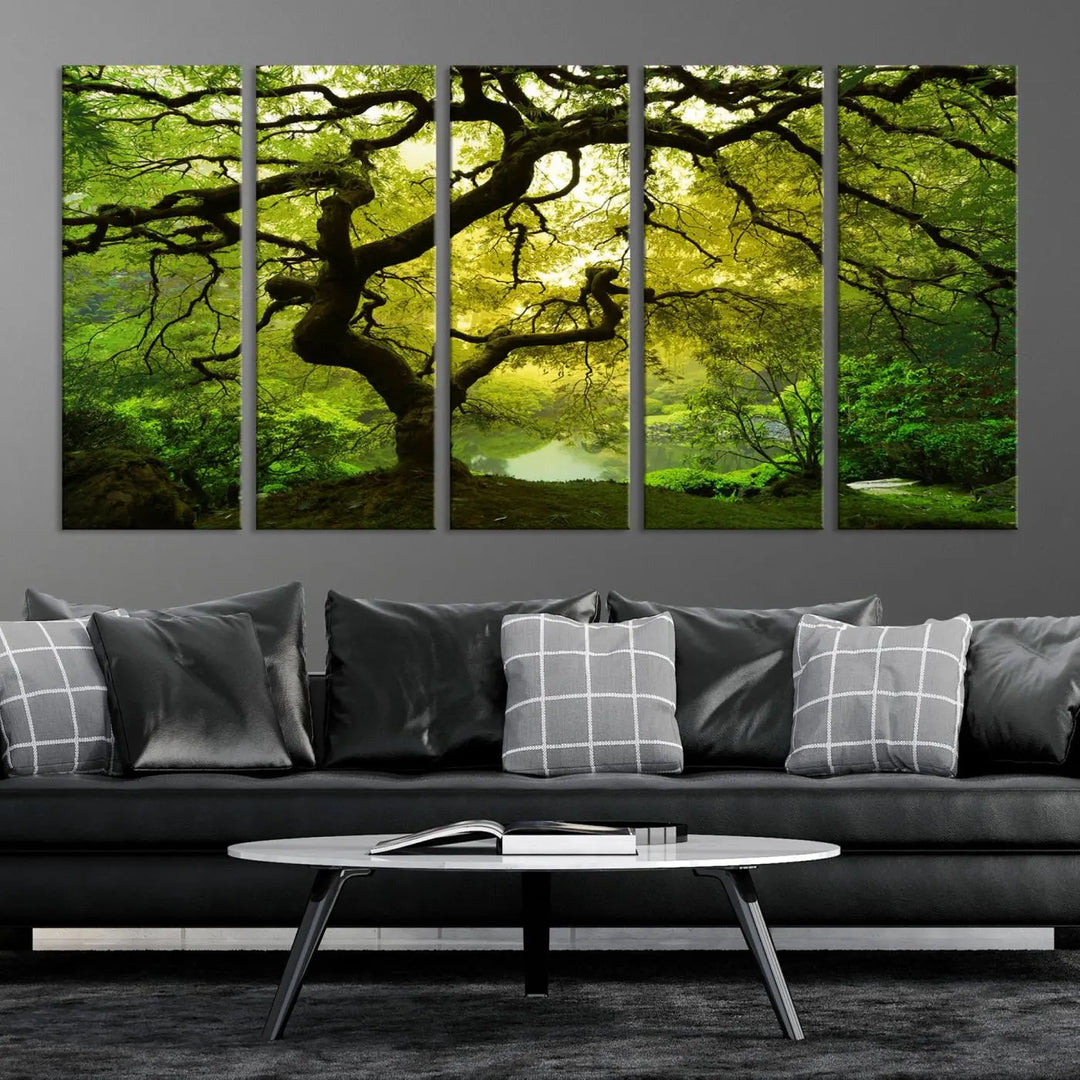 The triptych artwork titled "Japanese Maple in Japanese Garden, Portland Oregon" features lush green foliage and is crafted on museum-quality canvas, ready to hang in a well-lit room.