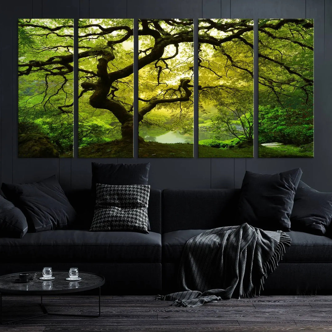 The triptych artwork titled "Japanese Maple in Japanese Garden, Portland Oregon" features lush green foliage and is crafted on museum-quality canvas, ready to hang in a well-lit room.