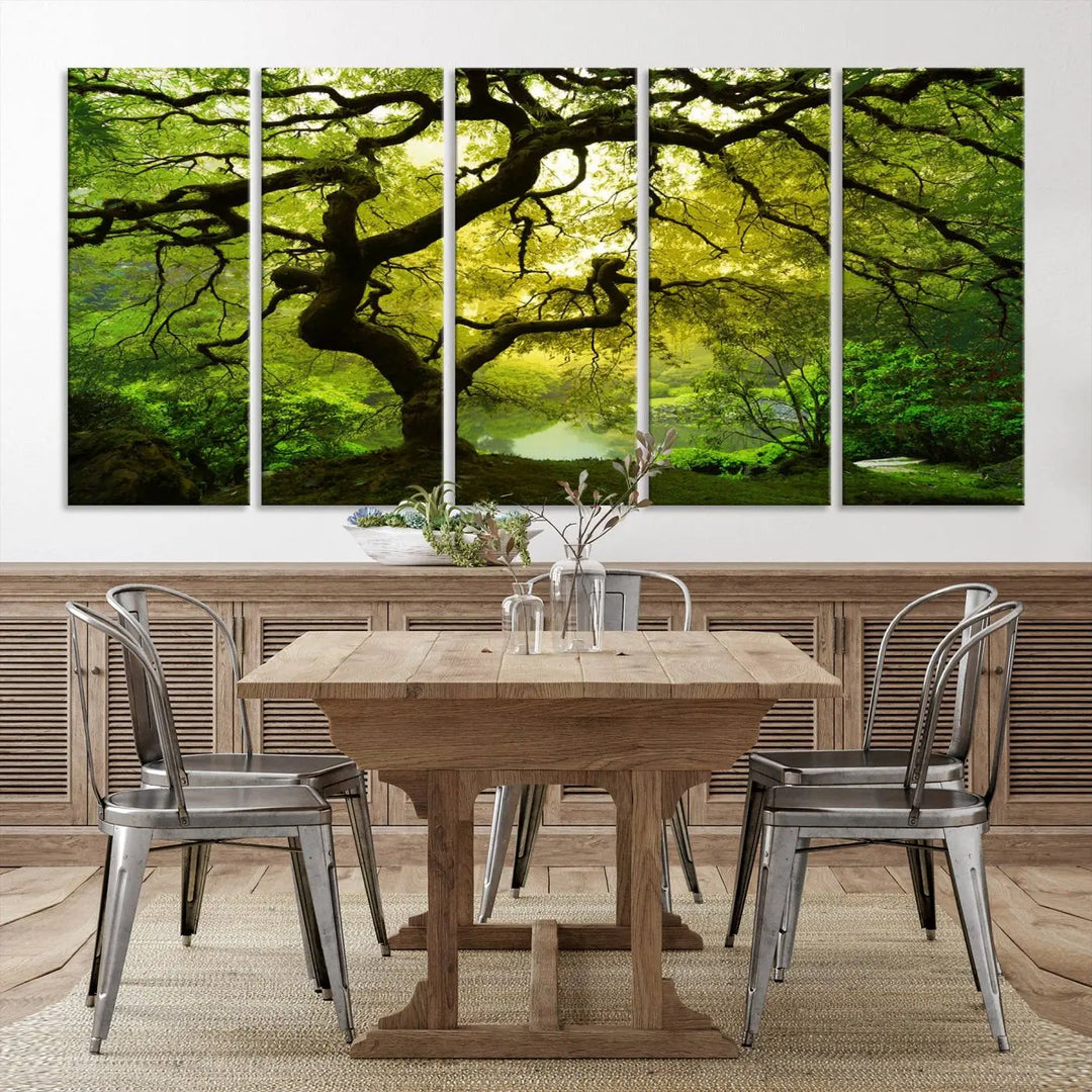 The triptych artwork titled "Japanese Maple in Japanese Garden, Portland Oregon" features lush green foliage and is crafted on museum-quality canvas, ready to hang in a well-lit room.