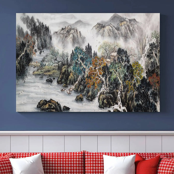 A spectacular Japanese Seashore Abstract Wall Art Print, depicting ocean beaches and abstract designs, is elegantly displayed on a gallery-wrapped canvas.