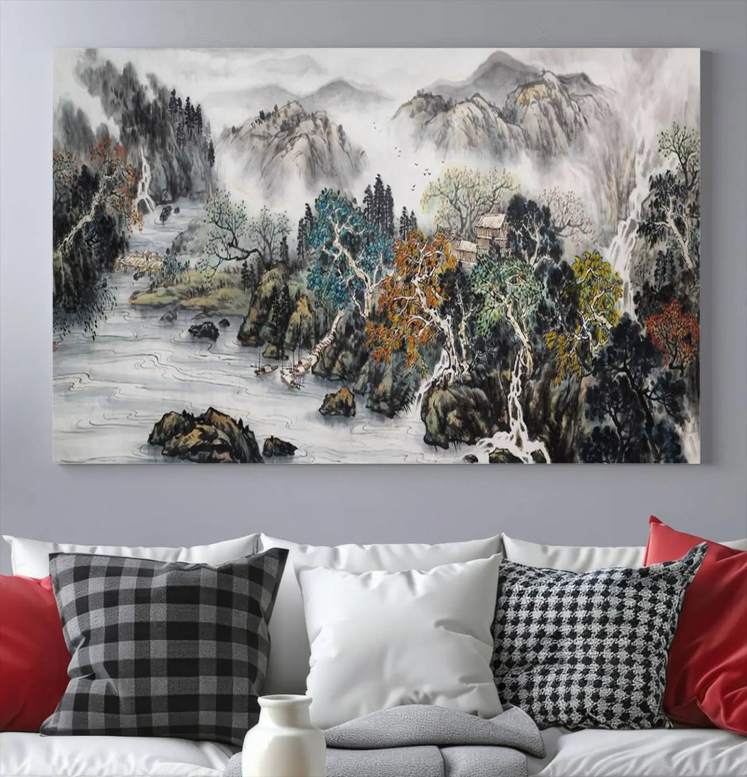 A spectacular Japanese Seashore Abstract Wall Art Print, depicting ocean beaches and abstract designs, is elegantly displayed on a gallery-wrapped canvas.