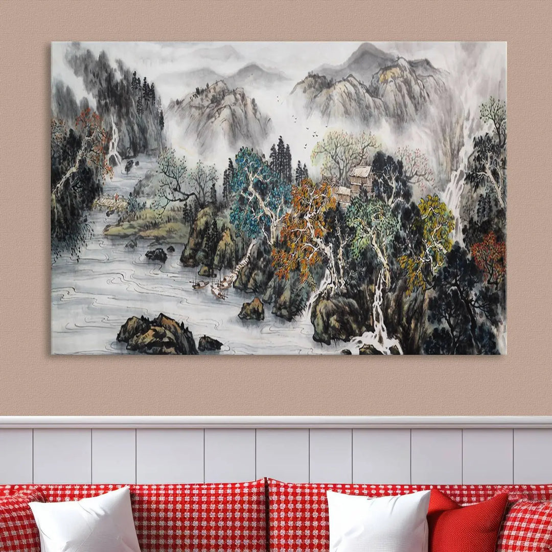 A spectacular Japanese Seashore Abstract Wall Art Print, depicting ocean beaches and abstract designs, is elegantly displayed on a gallery-wrapped canvas.