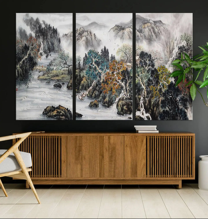 A spectacular Japanese Seashore Abstract Wall Art Print, depicting ocean beaches and abstract designs, is elegantly displayed on a gallery-wrapped canvas.