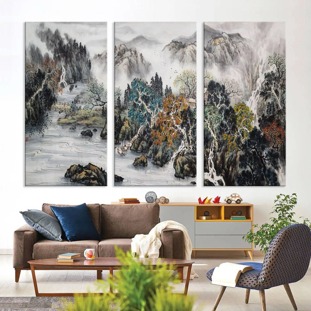 A spectacular Japanese Seashore Abstract Wall Art Print, depicting ocean beaches and abstract designs, is elegantly displayed on a gallery-wrapped canvas.