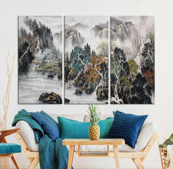 A spectacular Japanese Seashore Abstract Wall Art Print, depicting ocean beaches and abstract designs, is elegantly displayed on a gallery-wrapped canvas.