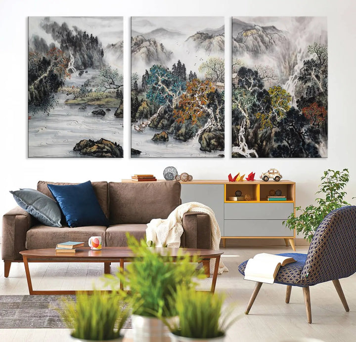 A spectacular Japanese Seashore Abstract Wall Art Print, depicting ocean beaches and abstract designs, is elegantly displayed on a gallery-wrapped canvas.