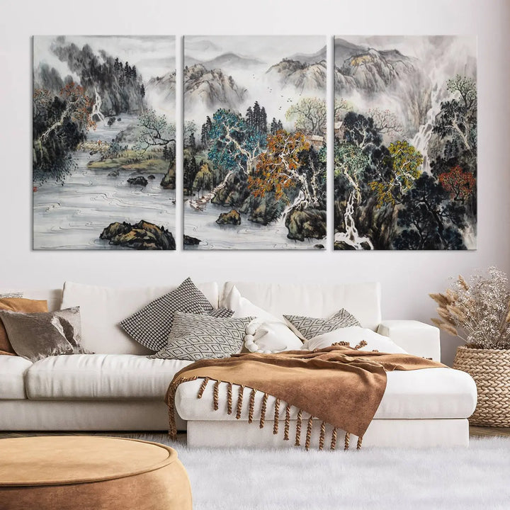 A spectacular Japanese Seashore Abstract Wall Art Print, depicting ocean beaches and abstract designs, is elegantly displayed on a gallery-wrapped canvas.