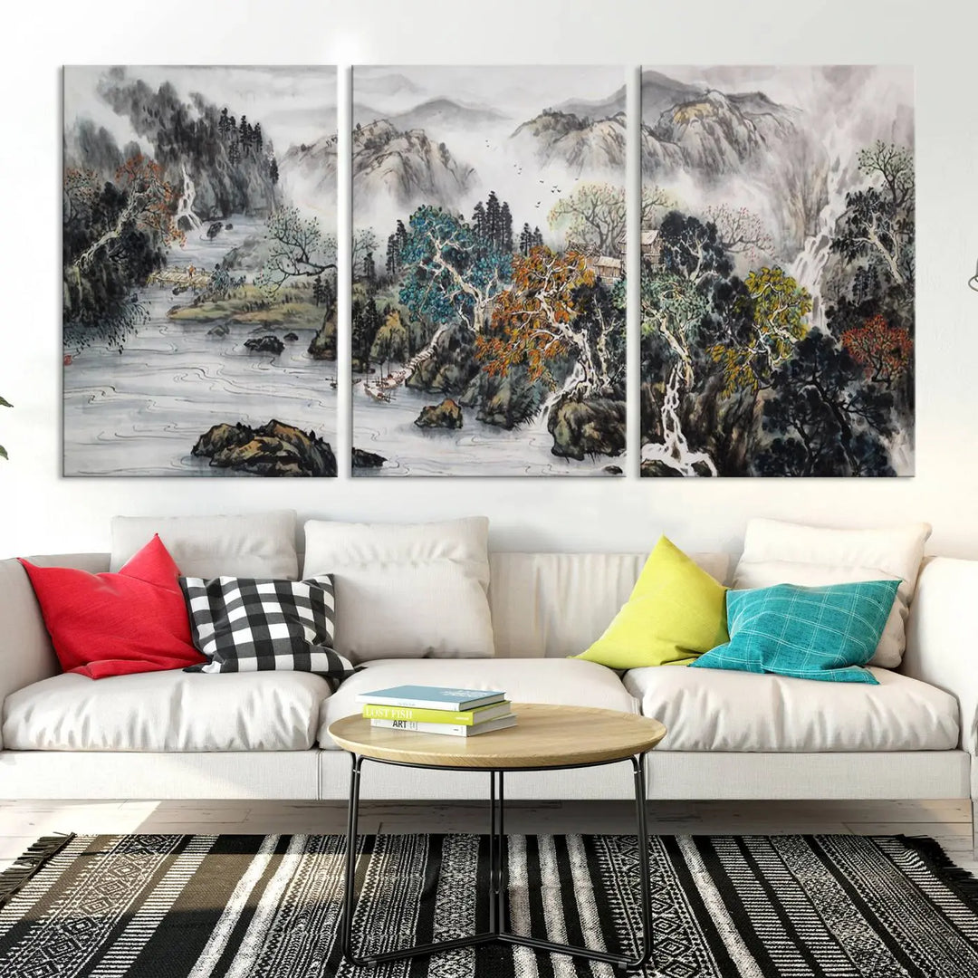 A spectacular Japanese Seashore Abstract Wall Art Print, depicting ocean beaches and abstract designs, is elegantly displayed on a gallery-wrapped canvas.