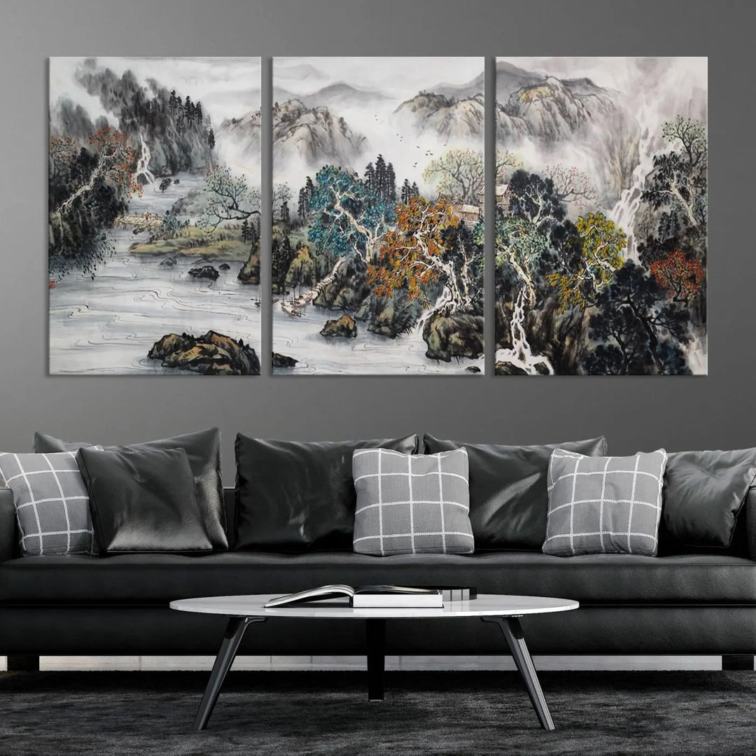 A spectacular Japanese Seashore Abstract Wall Art Print, depicting ocean beaches and abstract designs, is elegantly displayed on a gallery-wrapped canvas.