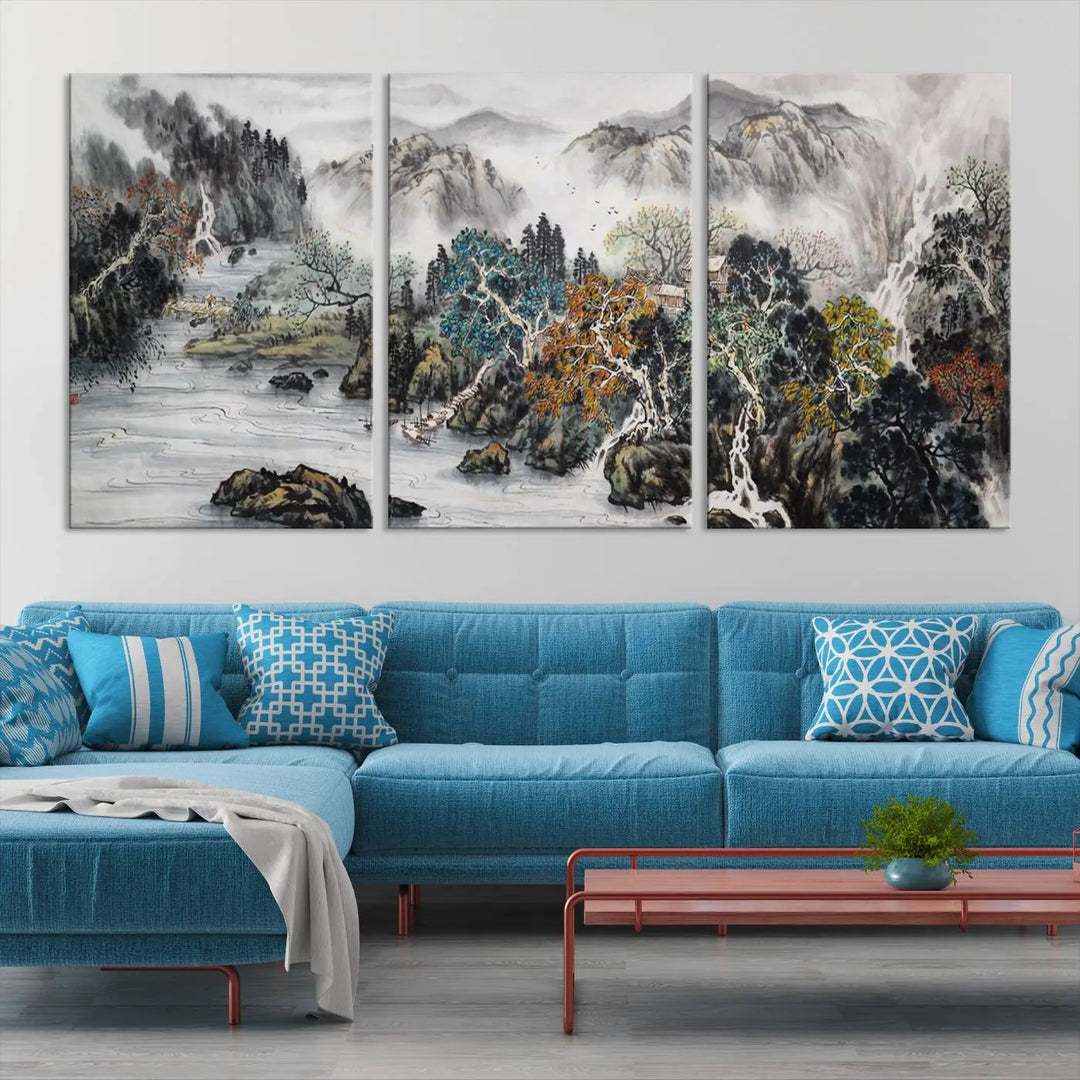 A spectacular Japanese Seashore Abstract Wall Art Print, depicting ocean beaches and abstract designs, is elegantly displayed on a gallery-wrapped canvas.