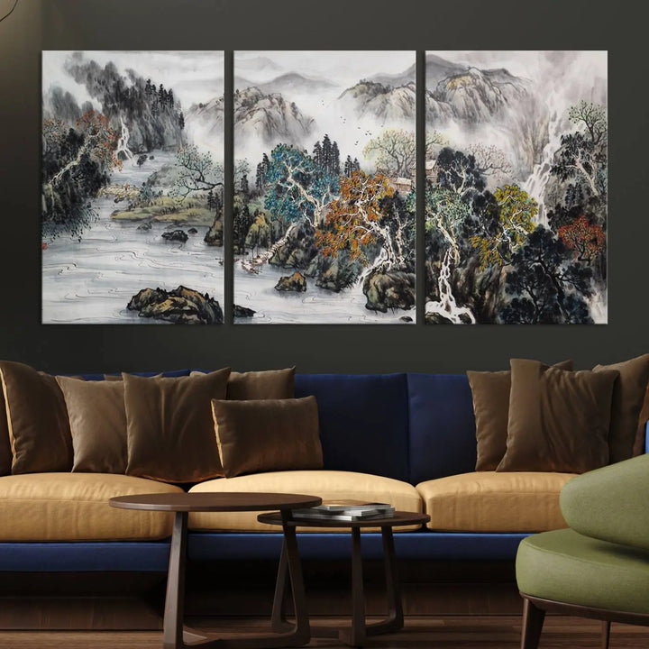 A spectacular Japanese Seashore Abstract Wall Art Print, depicting ocean beaches and abstract designs, is elegantly displayed on a gallery-wrapped canvas.