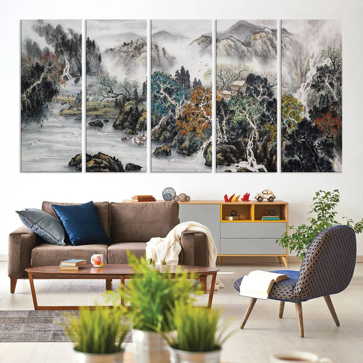 A spectacular Japanese Seashore Abstract Wall Art Print, depicting ocean beaches and abstract designs, is elegantly displayed on a gallery-wrapped canvas.