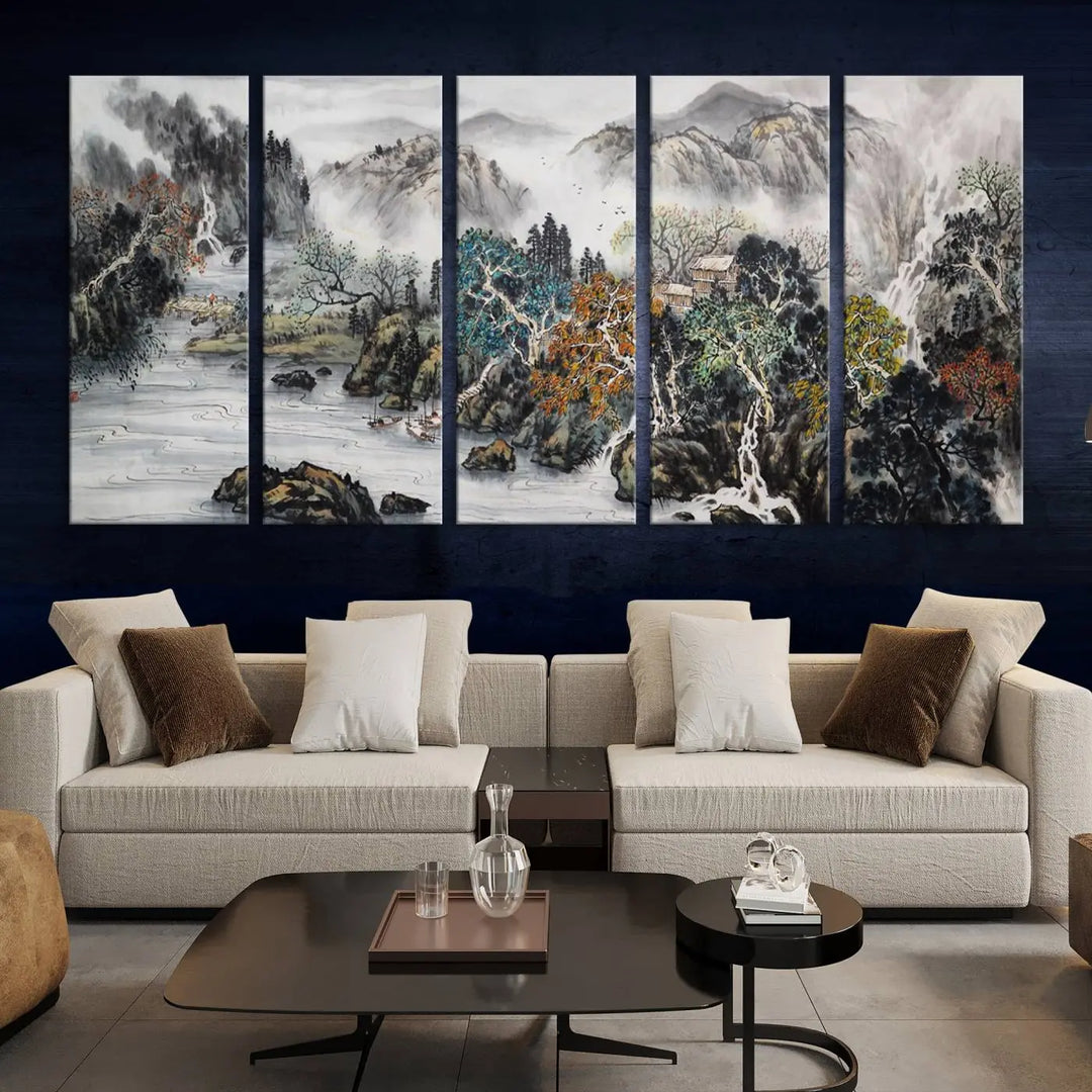 A spectacular Japanese Seashore Abstract Wall Art Print, depicting ocean beaches and abstract designs, is elegantly displayed on a gallery-wrapped canvas.