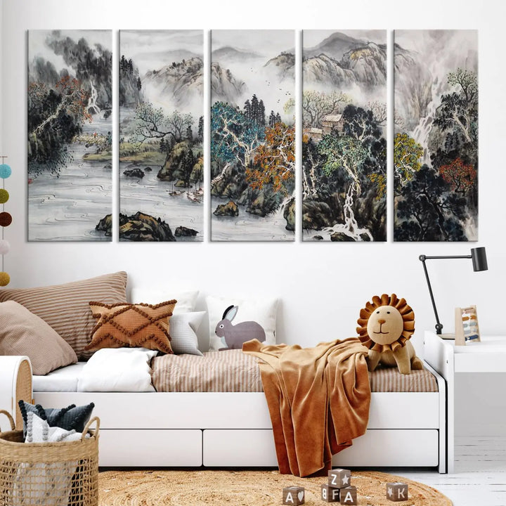 A spectacular Japanese Seashore Abstract Wall Art Print, depicting ocean beaches and abstract designs, is elegantly displayed on a gallery-wrapped canvas.