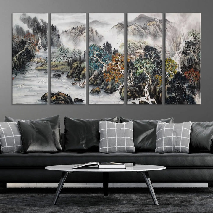 A spectacular Japanese Seashore Abstract Wall Art Print, depicting ocean beaches and abstract designs, is elegantly displayed on a gallery-wrapped canvas.