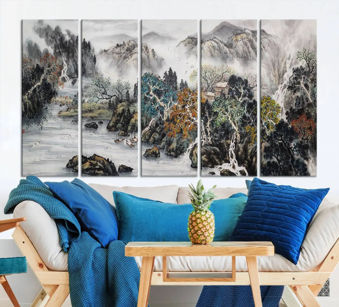 A spectacular Japanese Seashore Abstract Wall Art Print, depicting ocean beaches and abstract designs, is elegantly displayed on a gallery-wrapped canvas.