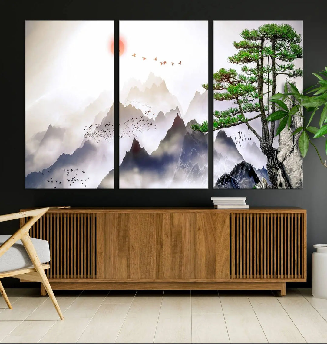 The "Japanese Tree Mountain Wall Art Canvas Print" is displayed as a triptych, featuring gallery-wrapped pieces on museum-quality canvas. Each piece is protected with a UV-protective coating, ensuring enduring elegance.