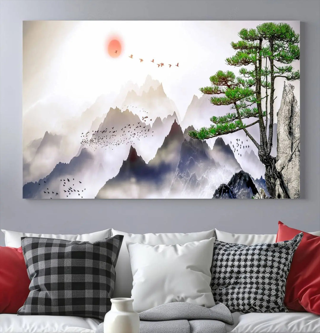 The "Japanese Tree Mountain Wall Art Canvas Print" is displayed as a triptych, featuring gallery-wrapped pieces on museum-quality canvas. Each piece is protected with a UV-protective coating, ensuring enduring elegance.