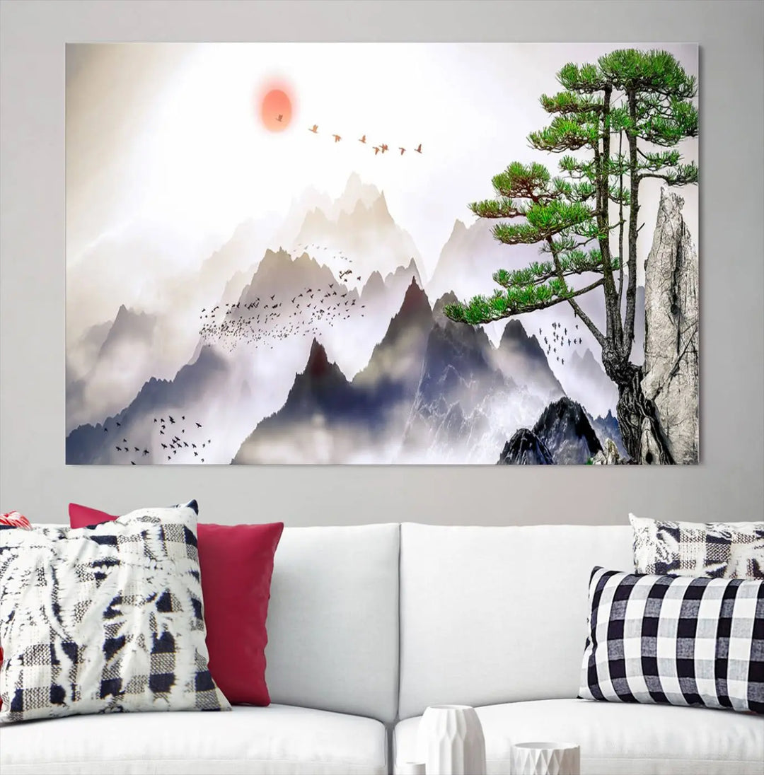 The "Japanese Tree Mountain Wall Art Canvas Print" is displayed as a triptych, featuring gallery-wrapped pieces on museum-quality canvas. Each piece is protected with a UV-protective coating, ensuring enduring elegance.