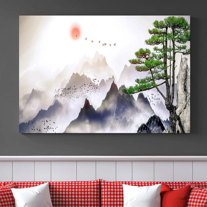 The "Japanese Tree Mountain Wall Art Canvas Print" is displayed as a triptych, featuring gallery-wrapped pieces on museum-quality canvas. Each piece is protected with a UV-protective coating, ensuring enduring elegance.