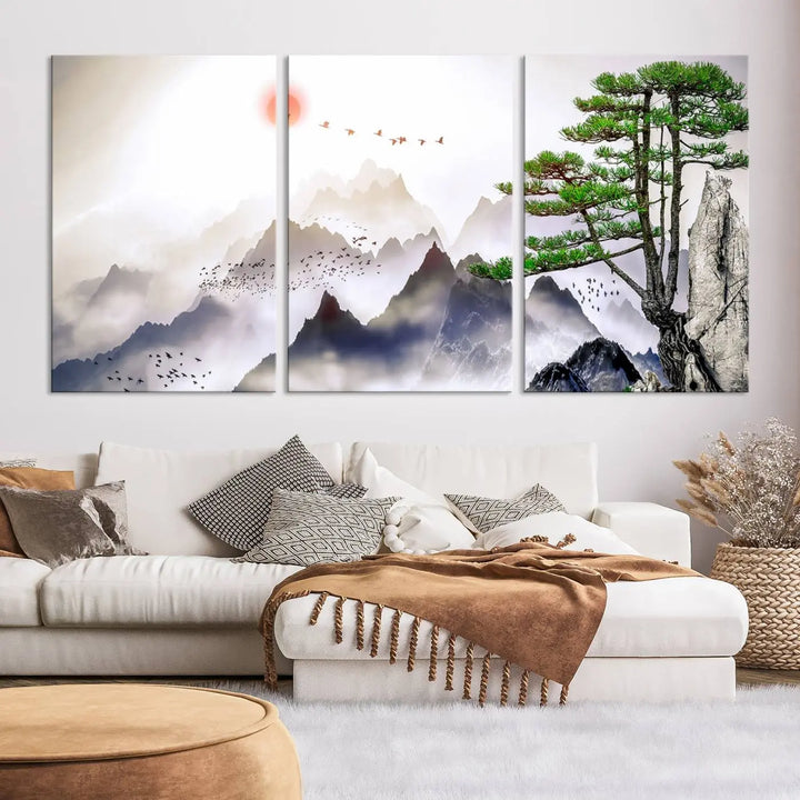 The "Japanese Tree Mountain Wall Art Canvas Print" is displayed as a triptych, featuring gallery-wrapped pieces on museum-quality canvas. Each piece is protected with a UV-protective coating, ensuring enduring elegance.