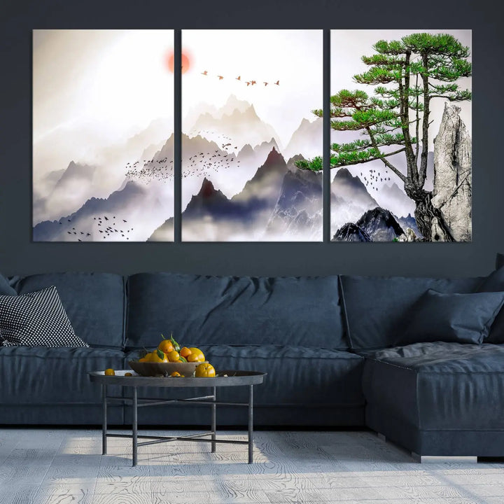 The "Japanese Tree Mountain Wall Art Canvas Print" is displayed as a triptych, featuring gallery-wrapped pieces on museum-quality canvas. Each piece is protected with a UV-protective coating, ensuring enduring elegance.