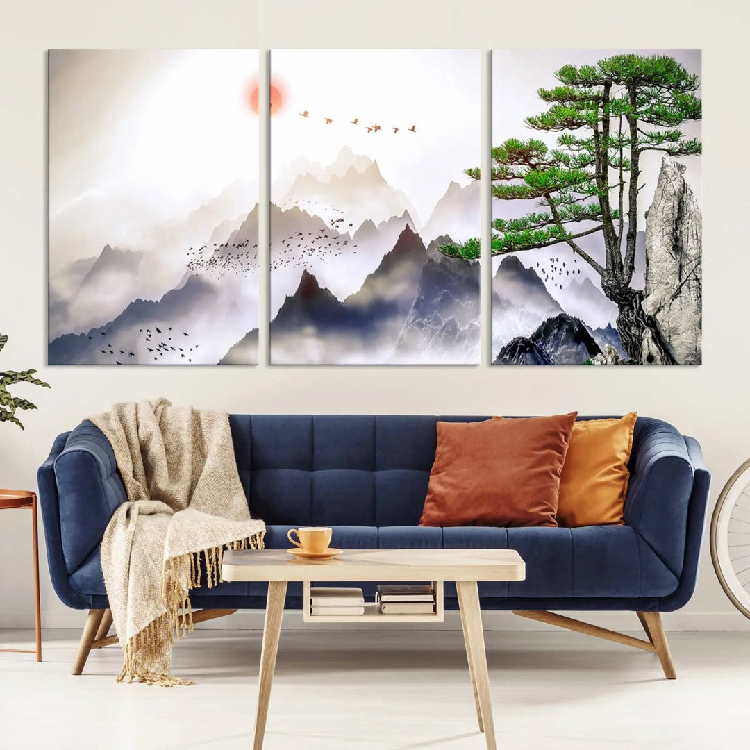 The "Japanese Tree Mountain Wall Art Canvas Print" is displayed as a triptych, featuring gallery-wrapped pieces on museum-quality canvas. Each piece is protected with a UV-protective coating, ensuring enduring elegance.