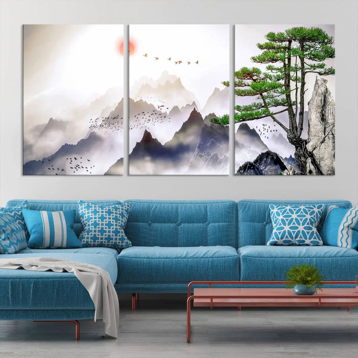 The "Japanese Tree Mountain Wall Art Canvas Print" is displayed as a triptych, featuring gallery-wrapped pieces on museum-quality canvas. Each piece is protected with a UV-protective coating, ensuring enduring elegance.