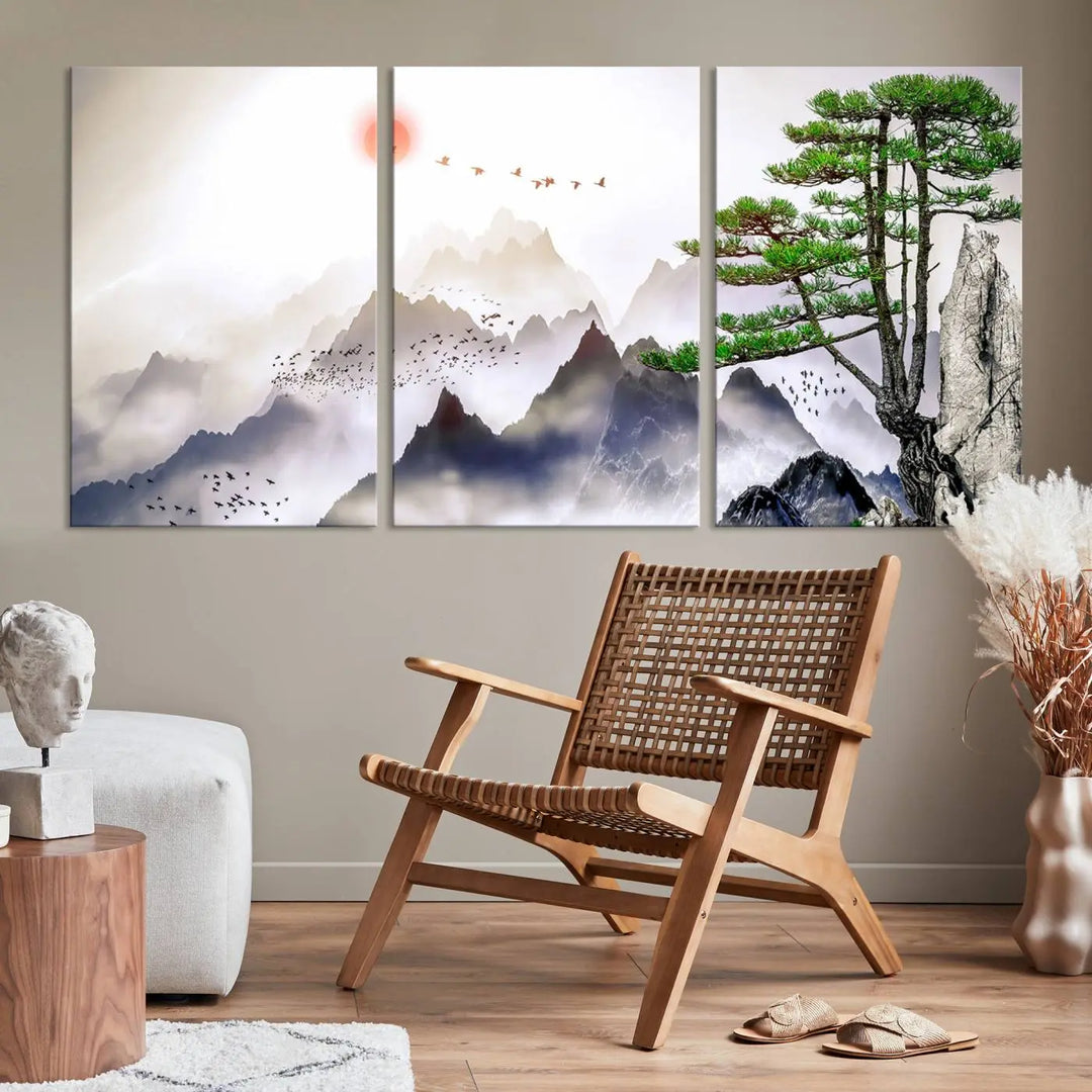 The "Japanese Tree Mountain Wall Art Canvas Print" is displayed as a triptych, featuring gallery-wrapped pieces on museum-quality canvas. Each piece is protected with a UV-protective coating, ensuring enduring elegance.