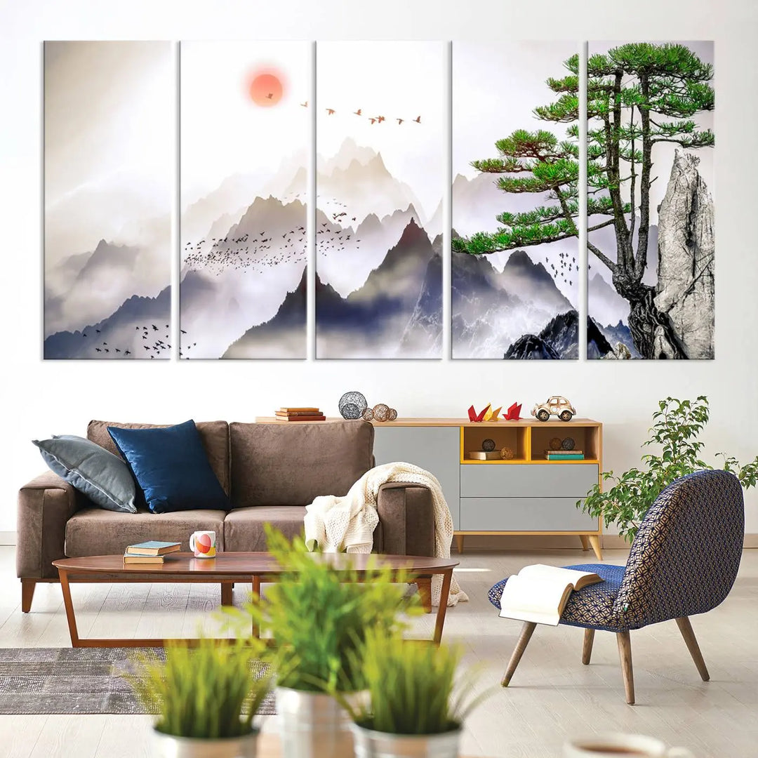 The "Japanese Tree Mountain Wall Art Canvas Print" is displayed as a triptych, featuring gallery-wrapped pieces on museum-quality canvas. Each piece is protected with a UV-protective coating, ensuring enduring elegance.