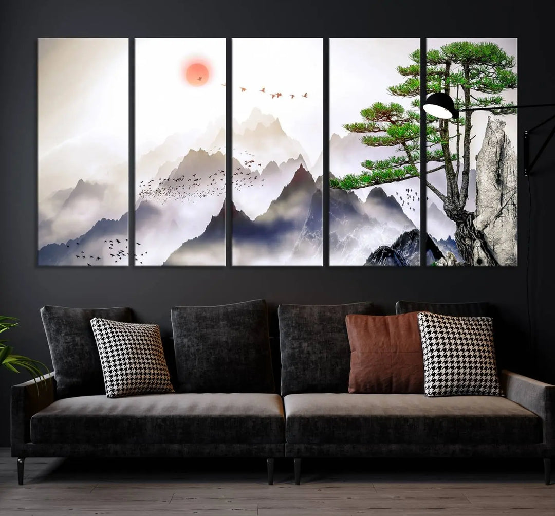 The "Japanese Tree Mountain Wall Art Canvas Print" is displayed as a triptych, featuring gallery-wrapped pieces on museum-quality canvas. Each piece is protected with a UV-protective coating, ensuring enduring elegance.