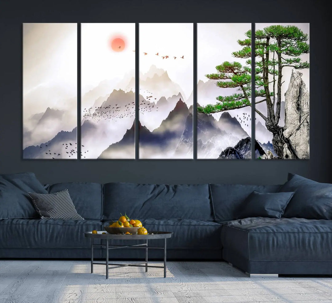 The "Japanese Tree Mountain Wall Art Canvas Print" is displayed as a triptych, featuring gallery-wrapped pieces on museum-quality canvas. Each piece is protected with a UV-protective coating, ensuring enduring elegance.